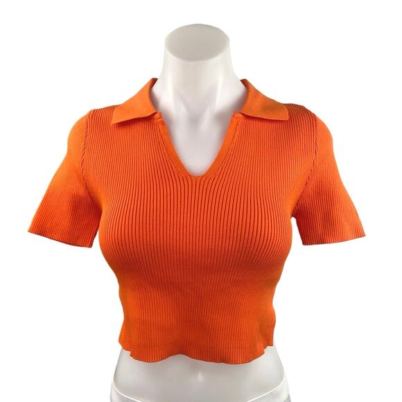 PrettyLittleThing Orange Rib Short Sleeve Collar Polo Shirt Cutout Crop Top Sz M - Picture 1 of 4